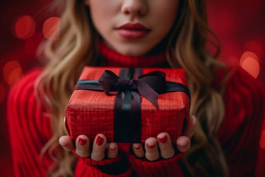 A woman in a lip red sweater is elegantly holding a magenta gift box with a black bow, her eyelash covered eyes making a luxurious gesture in front of a plaid scarf