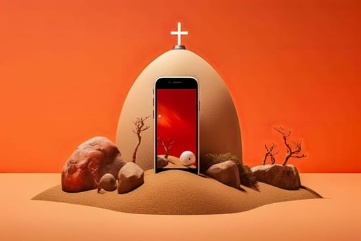 A cell phone is displayed in a desert setting with a cross on top of it. Concept of isolation and loneliness, as the phone is the only object in the scene