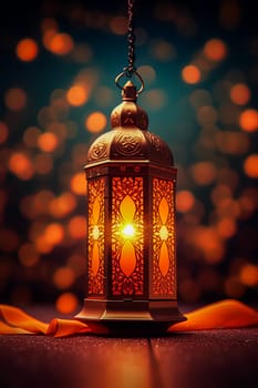 A lantern hanging from a chain with a blue background. Ramadan celebration concept