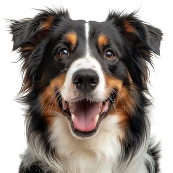 A closeup of a Border Collie, a herding dog and member of the Sporting Group breed, looking at the camera with its tongue out and whiskers and snout visible