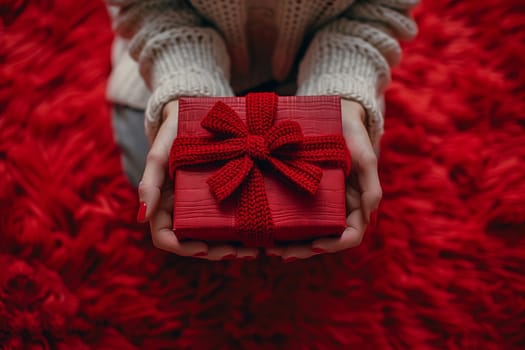 A person is holding a vibrant red gift box with a matching bow in their hand, showcasing a beautiful contrast against their electric blue nail polish