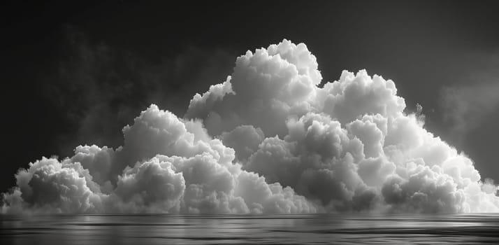 A monochromatic image capturing a huge cumulus cloud hovering above a peaceful body of water. The vast sky and natural landscape meet on the horizon, blending liquid and atmosphere