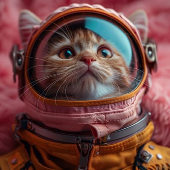 A Felidae, a carnivorous terrestrial animal in the small to mediumsized cats category, is wearing a space suit and helmet. Its whiskers and snout are visible in a closeup, showcasing its fur