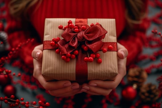 A woman in a red sweater is holding a Christmas present wrapped in a magenta floral patterned textile, resembling a rose from the rose family