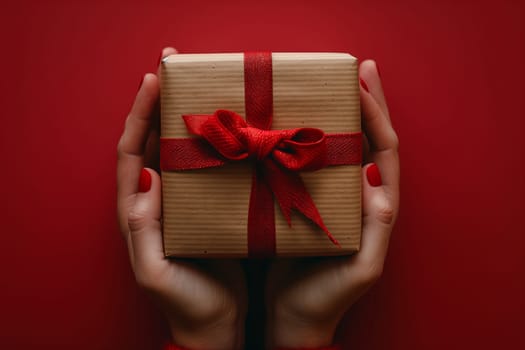 A woman is holding a gift box wrapped in a red ribbon, with a magenta tartan pattern. The box is delicately balanced on her wrist, with her thumb gently resting on the top