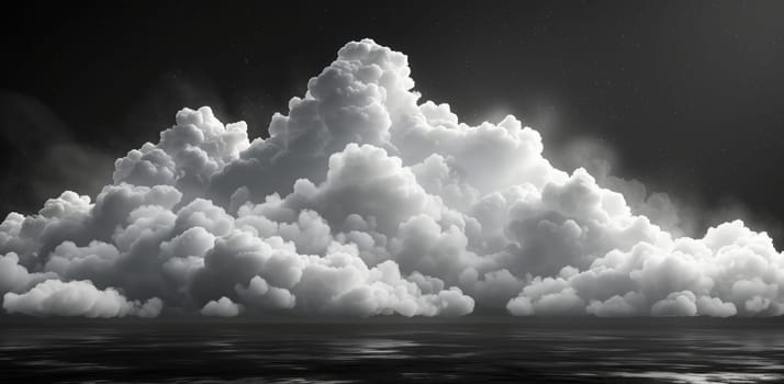 A black and white photo captures a large cumulus cloud hovering over a tranquil body of water, creating a serene natural landscape with the sky, atmosphere, and horizon in the background