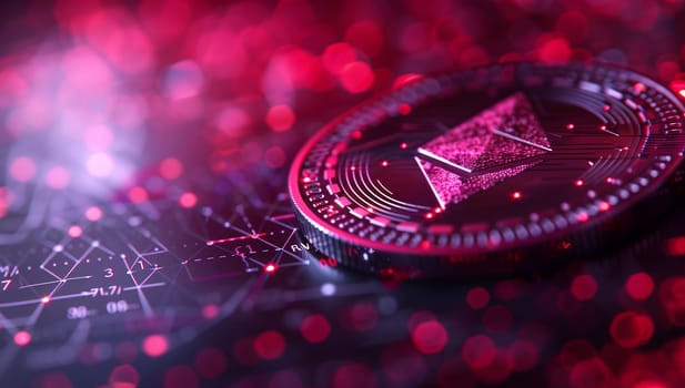 A close up of a circleshaped coin glimmering on a vibrant red background, surrounded by liquid shades of violet, pink, and electric blue