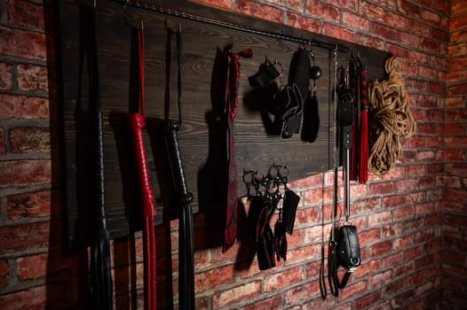 A set of BDSM equipment hanging on the wall