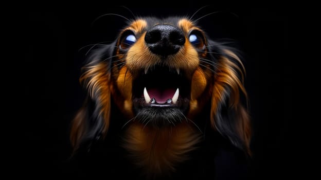 A close-up image of a Cavalier King Charles Spaniel dog with a vivid expression, showcasing its glowing eyes and open mouth, set against a dark, black backdrop.