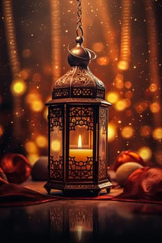 A lantern hanging from a chain with a blue background. Ramadan celebration concept