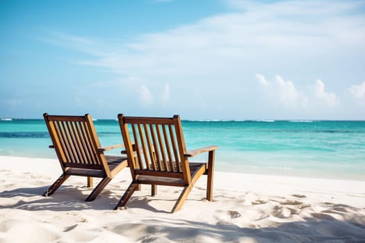 tranquil beach setting with two empty wooden chairs facing the calm turquoise sea, accentuating a sense of relaxation and solitude - Generative AI