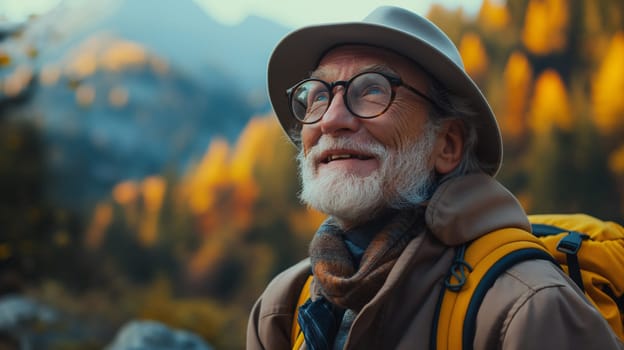 An elderly man in hiking gear and a hat smiles as he takes in the beauty of the autumn-colored forest at dusk - Generative AI