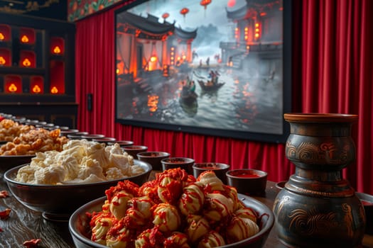 Plates filled with delicious dishes are laid out on the table in front of a wide screen, ready for the event. The cuisine includes a variety of ingredients and meats