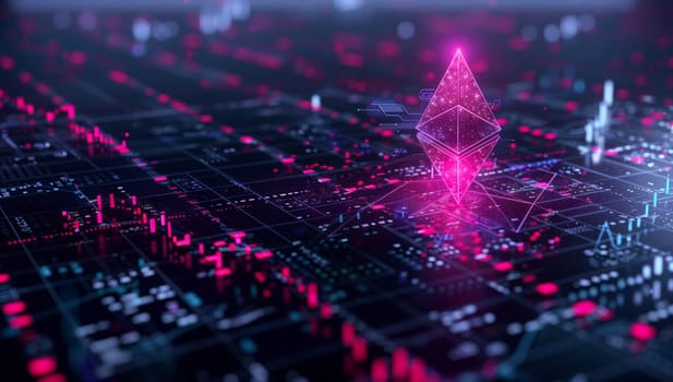 A pink pyramid is placed on a computer motherboard, surrounded by violet grass and magenta plants, with electric blue font highlighting the event