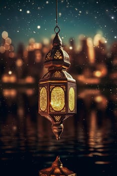 A lantern hanging from a chain with a blue background. Ramadan celebration concept