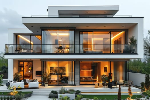 This modern house features a plethora of windows, a balcony, and a sleek facade. The interior design includes contemporary fixtures and a plantfilled porch