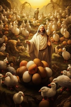 A man holding a stick in front of a flock of birds. The birds are white and the man is wearing a white robe