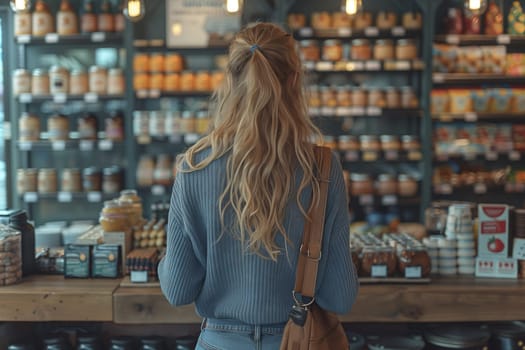 A customer is browsing products at a retail store, admiring an electric blue beauty product on a shelf in the buildings beauty aisle