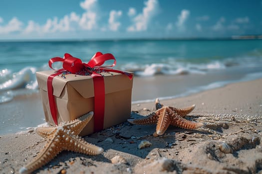 A wooden gift box with a red ribbon and starfish, resting on the sandy beach by the ocean. The sky is clear with fluffy clouds, perfect for a leisurely day of travel