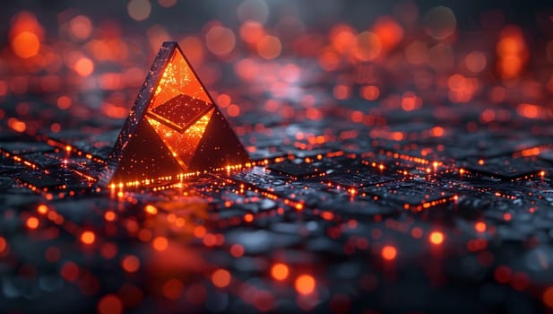 A triangular rock sits atop a luminous liquid surface in a dark landscape, highlighting the horizon in macro photography. The glowing object resembles a pyramid against the sky