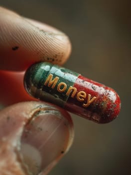 Hand of Elderly Man is holding red pills with the word Money. Savings, poverty, drugs, possibilities, treasure, insurance concept. Ai generated