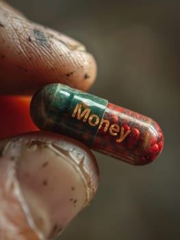 Hand of Elderly Man is holding red pills with the word Money. Savings, poverty, drugs, possibilities, treasure, insurance concept. Ai generated