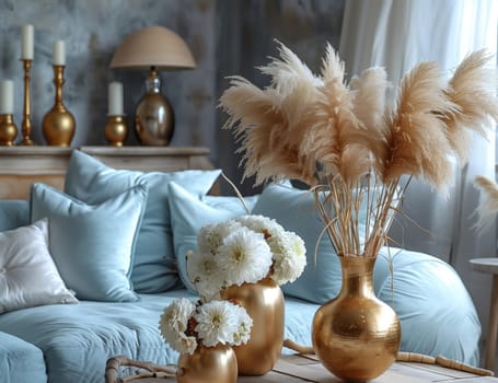 A cozy room featuring a couch with fur pillows, a table with vases of flowers, and a peachcolored lamp. The natural materials and art create a beautiful still life photography setting