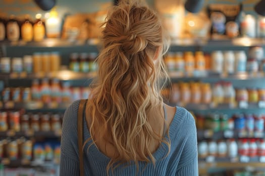 A customer with long hair is browsing the alcoholic beverage shelf in a retail store filled with bottles. The shelving is packed with various products for people to choose from