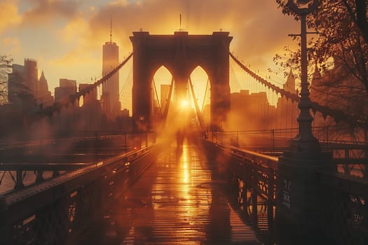 The sun is painting the sky through the Brooklyn Bridge at sunset, creating a stunning natural landscape with water, clouds, and city buildings