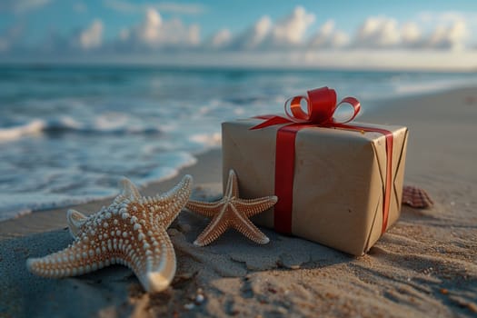 A wooden gift box with a red ribbon and starfish laying on the sandy beach, surrounded by the sparkling blue water and sky. A beautiful coastal landscape where art meets nature