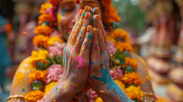 Happy Peaople are celebrating Holi Festival in India. Colorful Dye Powder on hands and faces.ai generated