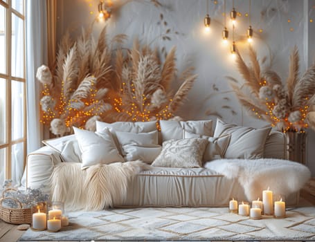 A cozy living room with a comfortable couch, decorative pillows, artistic candles, and elegant pampas grass. The interior design features a wooden floor, rectangle window, and a welcoming atmosphere