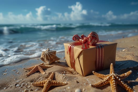 A gift box rests on the sandy beach surrounded by starfish and shells, with the tranquil sea, cloudy sky, and horizon in the background, creating a beautiful natural landscape