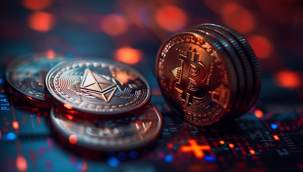 A stack of electric blue coins with circle motifs on a table, shining in the darkness. They resemble fashionable accessories or intricate jewellery pieces suitable for macro photography events