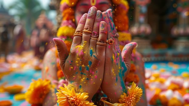 Happy Peaople are celebrating Holi Festival in India. Colorful Dye Powder on hands and faces.ai generated