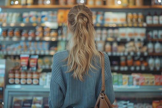 A customer is gazing at the electric blue shelves inside a convenience store, contemplating which drink to buy