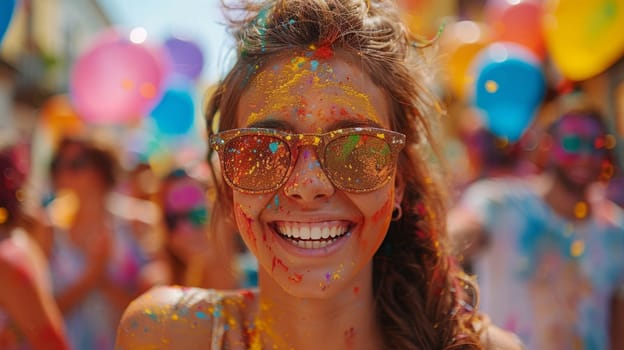 Happy Peaople are celebrating Holi Festival in India. Colorful Dye Powder on hands and faces.ai generated