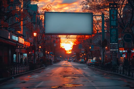 An electric blue sunset illuminates an empty city street with a billboard in the foreground, casting a beautiful glow on the asphalt road surface