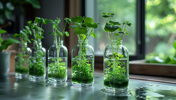 A row of drinkware filled with liquid and terrestrial plants sits on a table, creating a natural landscape with grass and houseplants