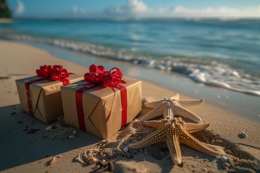 On the sandy beach, scattered gifts and starfish contrast beautifully with the blue sky and tranquil waters, creating a picturesque natural landscape