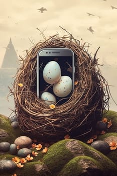 A small egg is sitting on a rock next to a cell phone. The egg is surrounded by a nest made of twigs and branches. The image has a whimsical and playful mood
