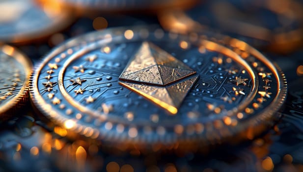 A detailed macro photography shot showcasing a coin with a pyramid design in electric blue, surrounded by other coins. The symmetry and intricate pattern make it a unique piece of metal art