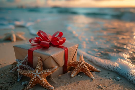 A natural material gift box with a fashionable red bow and starfish resting on a beach landscape. The carmine petal adds a pop of color to the arthropod adornment