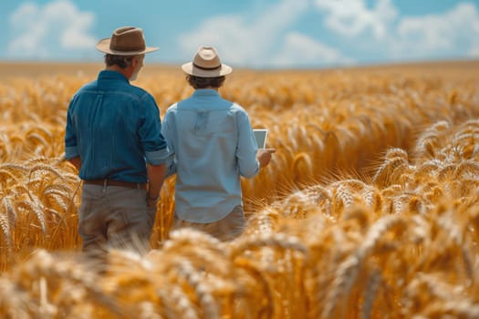 Two men wearing hats are standing in a wheat field, looking at a tablet under a cloudy sky. They appear happy, surrounded by the vast landscape of grassland and agriculture
