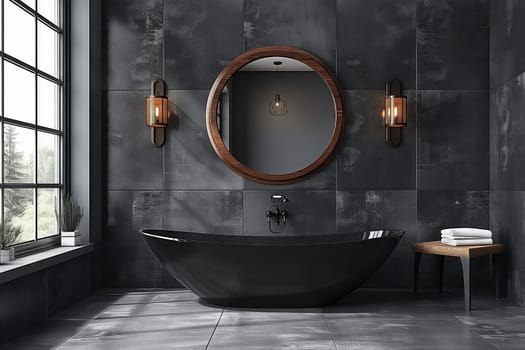 A modern bathroom with a black bathtub, mirror, and window. The sleek black fixtures contrast beautifully with the white walls and wood accents, creating a stylish and chic interior design