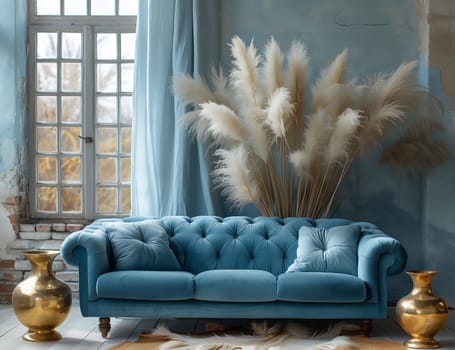 A living room with a blue couch, pampas grass in vases, and soft lighting. The interior design includes a mix of furniture and textiles, creating a cozy atmosphere