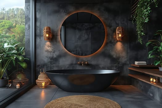 An interior design with a black tub and round mirror in a bathroom. The room features hardwood floors and a plant for a touch of nature in the building