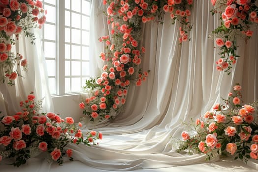 A room adorned with an abundance of colorful flowers, abundant green plants, and a picturesque window. The creative arrangement of red and orange petals adds a touch of artistic beauty