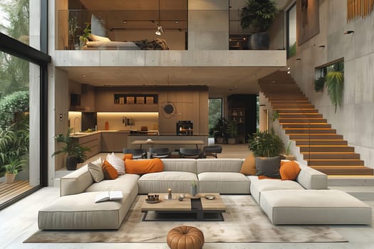 A spacious living room with a large sectional couch and hardwood stairs leading up to the second floor, showcasing exquisite interior design in a modern house