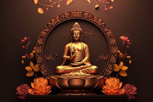 A gold statue of a Buddha is sitting on a table. The statue is surrounded by gold and has a gold necklace around its neck. The statue is in a peaceful and serene mood, conveying a sense of calm
